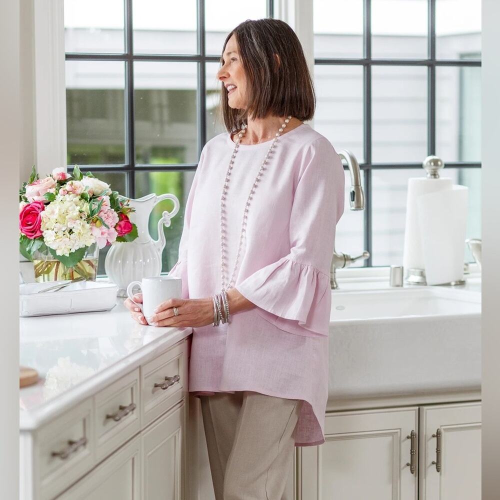 NWT Crown Linen Designs 100% Linen Bella Bell Sleeve Tunic Top In Lilac Size XS